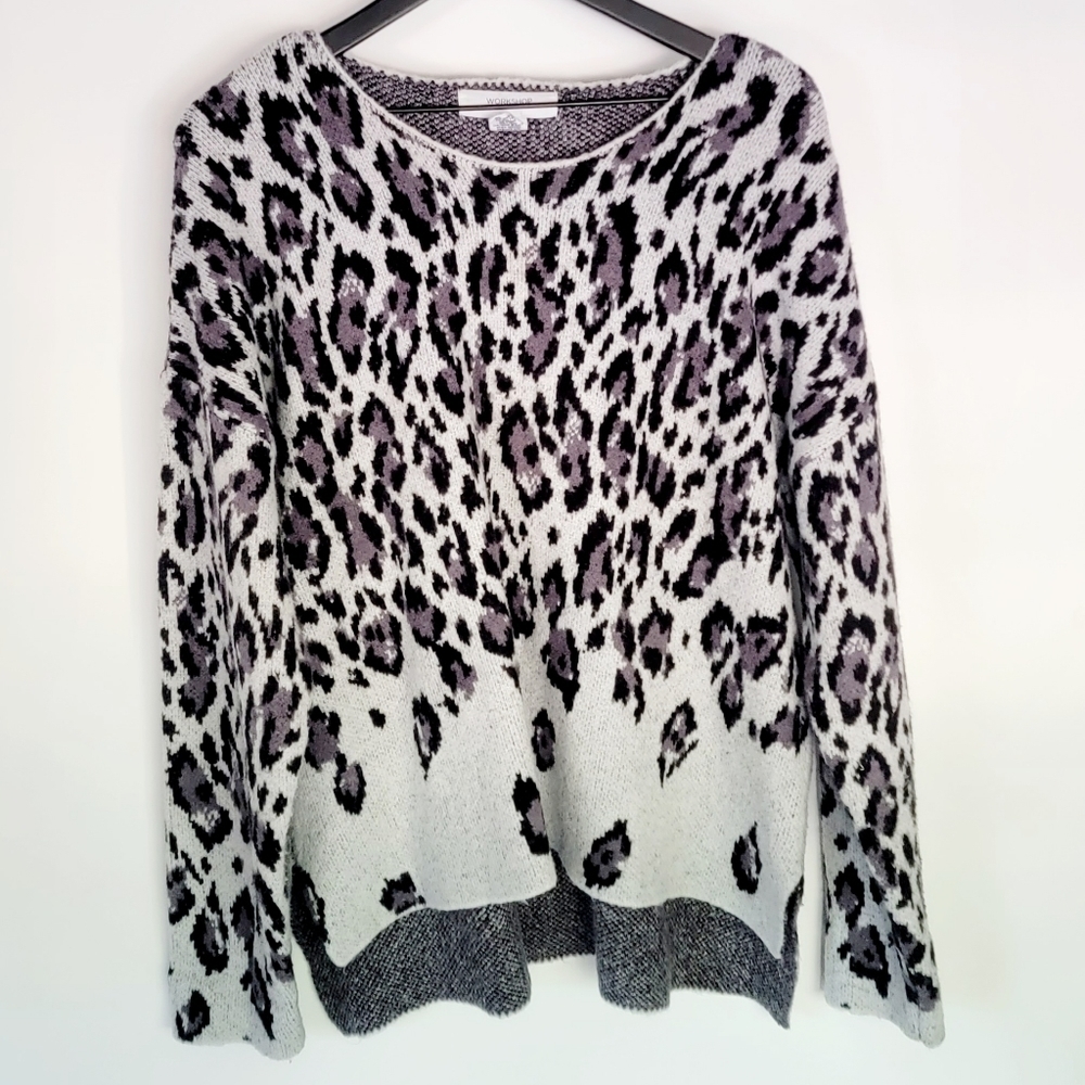 WorkShop Leopard Print Round Neck Grey/Black Women's Sweater Size XL
